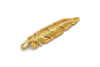 Bird Feather Charm, Gold Plated Brass Feather Charm With 1 Loop, Feather Pendants (67x16mm) N0173