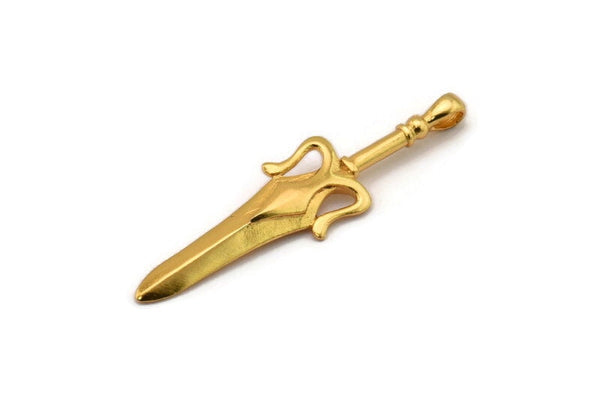 Gold Sword Charm, Gold Plated Brass Sword Charm With 1 Loop, Pendants, Findings (49mm) N0187 H1081