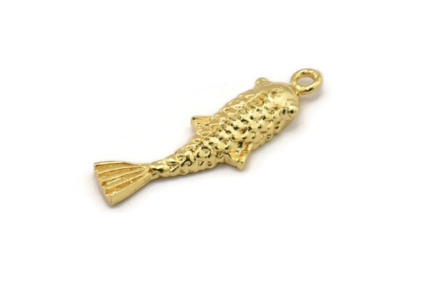 Gold Fish Charm, 2 Gold Plated Brass Koi Fish Charms With 1 Loop, Charms, Jewelry Supplies, Findings (27x8mm) N0422