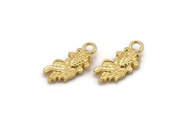 Gold Fish Charm, 4 Gold Plated Brass Gold Fish Charms With 1 Loop, Pendants, Jewelry Supplies, Findings (16x7mm) N0412