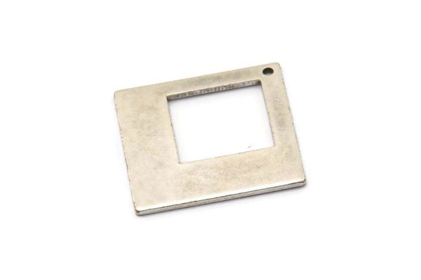 Silver Square Charm, 4 Antique Silver Plated Brass Square Charms With 1 Hole, Pendants, Earrings (23x1mm) D0756