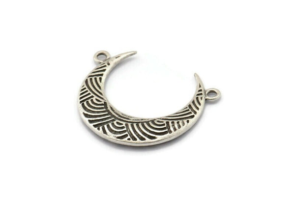 Silver Moon Charm, Antique Silver Plated Brass Textured Horn Charms, Pendant, Jewelry Finding (27x8x3.30mm)  N0202