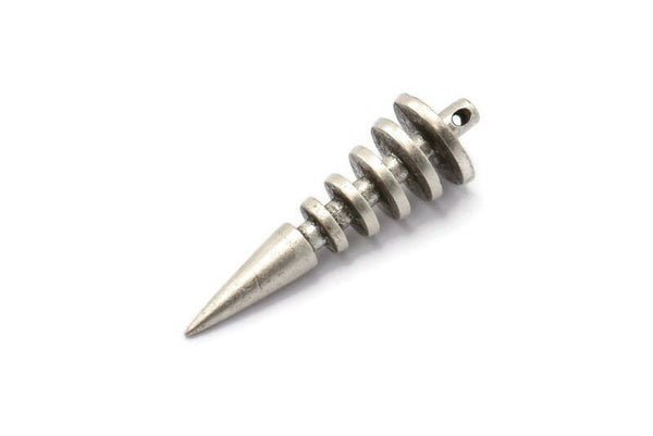 Silver Spike Charm, Antique Silver Plated Brass Spike Tribal Pendants With 1 Loop (34x10mm) U116