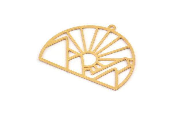 Gold Sun Charm, 2 Gold Plated Brass Rising Sun And Mount Charms With 1 Loop, Charm Pendants (29x38x0.60mm) A5167