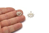 Silver Sun Charm, 8 Antique Silver Plated Brass Crescent Moon And Star Patterned Sun Shape Charms With 1 Loop (22x18x0.60mm) A3992