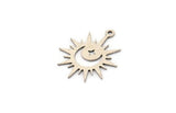 Silver Sun Charm, 8 Antique Silver Plated Brass Crescent Moon And Star Patterned Sun Shape Charms With 1 Loop (22x18x0.60mm) A3992