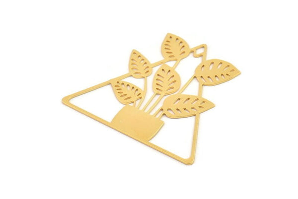 Gold Leaf Charm, Gold Plated Brass Potted Plant Shaped Charms With 1 Hole, Flower Findings (42.5x48x0.60mm) A5068