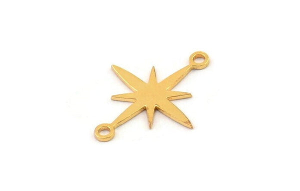 Gold Pole Star Charm, 24 Gold Brass, Gold Charms, Gold Plated Brass Pole Star Charms With 2 Loops, Connector Findings (19x15x0.60mm) A4107