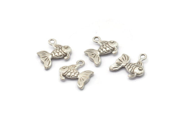 Silver Goldfish Charm, 6 Antique Silver Plated Brass Gold Fish Pendants, Jewelry Supplies, Findings (12x10mm) N0365