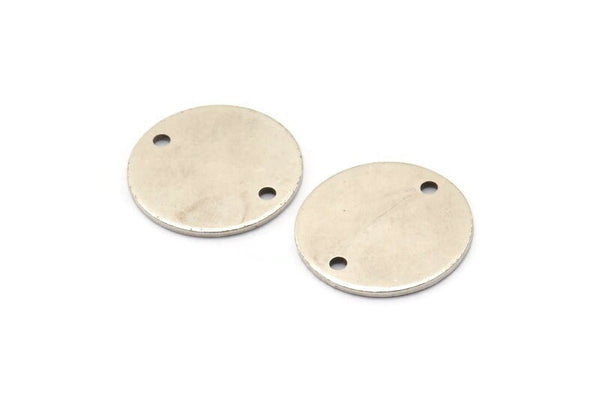 Silver Round Charm, 4 Antique Silver Plated Brass Tags With 2 Holes, Stamping Tags, Connectors (20x1mm) D0381--n0664