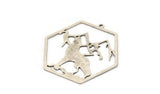 Silver Hexagon Charm, 4 Antique Silver Plated Brass Wolf Patterned Hexagon Shaped Charms With 1 Loop, Earring Findings (37x40x0.60mm) A4845