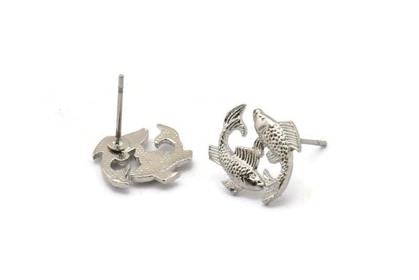 Silver Pisces Earring, 4 Silver Tone Brass Pisces Sign Stud Earrings, Zodiac Findings, Zodiac Sign Jewelries (14x14mm) SY0288