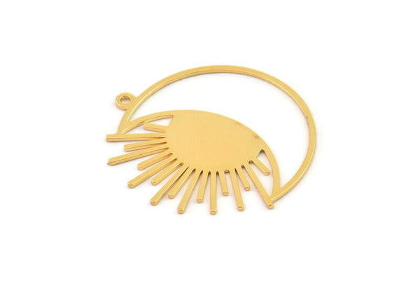 Gold Moon Charm, 2 Gold Plated Brass Crescent Moon And Sun Shaped Charms With 1 Loop (33x30x0.60mm) A3962