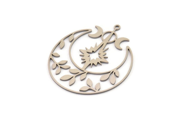 Steel Moon Charm, 4 Stainless Steel Crescent Moon And Pole Star Shaped Charms With 1 Loop (41x35x0.80mm) SMP1166  Y263