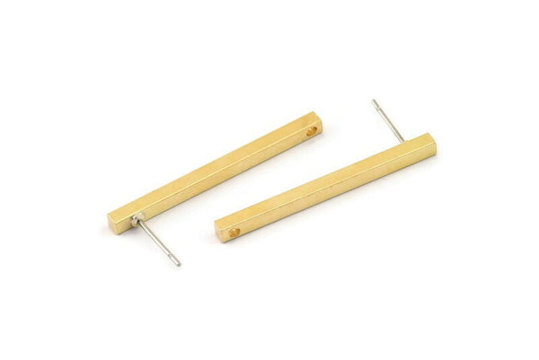 Earring Studs, 6 Raw Brass - Stick Earrings - Earring Findings, Rectangle Earrings (2.5x2.5x35mm) D0237 A2977