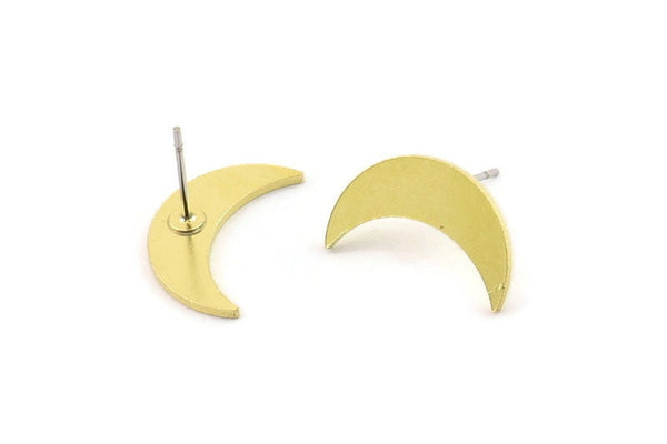 Brass Moon Earring, 8 Raw Brass Crescent Moon Shaped Stud Earrings (18x6x1mm) A2980