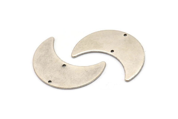 Silver Moon Charm, 4 Antique Silver Plated Brass Moon Charms with 2 Holes, Pendants (28x12x0.80mm) D862