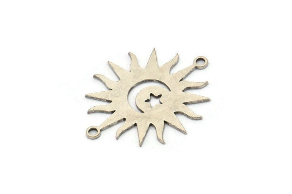 Silver Sun Charm, 6 Antique Silver Plated Brass Crescent Moon And Star Connectors With 2 Loops, Charm Pendants (26x22x0.60mm) A3170