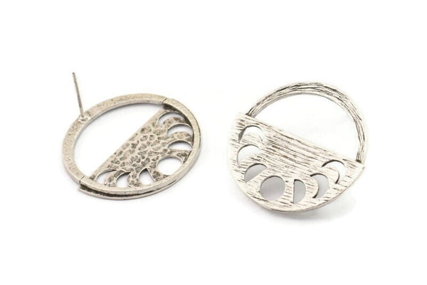 Silver Moon Earring, 2 Antique Silver Plated Brass Moon Phases Stud Earrings (32x29mm) U042