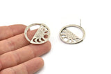 Silver Moon Earring, 2 Antique Silver Plated Brass Moon Phases Stud Earrings (32x29mm) U042