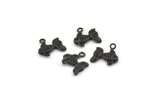 Black Goldfish Charm, 6 Oxidized Black Plated Brass Gold Fish Pendants, Jewelry Supplies, Findings (12x10mm) N0365