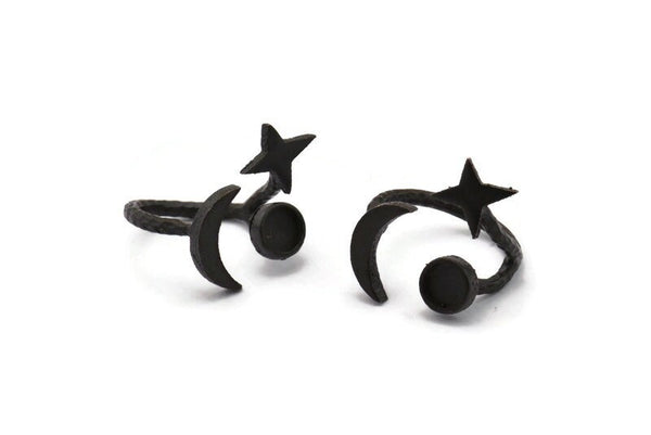 Hammered Universe Cosmos Ring, 2 Hammered Oxidized Brass Black Moon, Star And Planet Rings N0359 Q0502