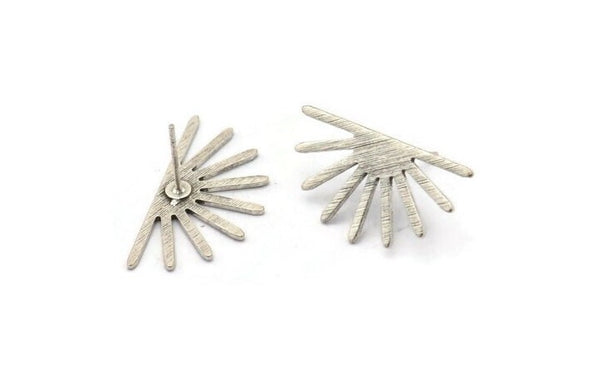 Silver Sun Earring, 6 Textured Antique Silver Plated Brass Sun Stud Earrings (25x13x0.70mm) M01398 A2384