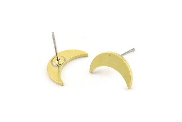 Brass Moon Earring, 10 Raw Brass Crescent Moon Shaped Stud Earrings (13x4x1mm) A3032