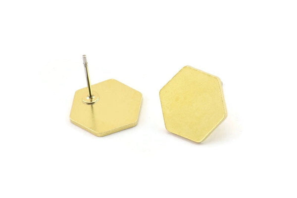 Brass Hexagon Earring, 6 Raw Brass Hexagon Stud Earrings (12.5x1mm) A5865
