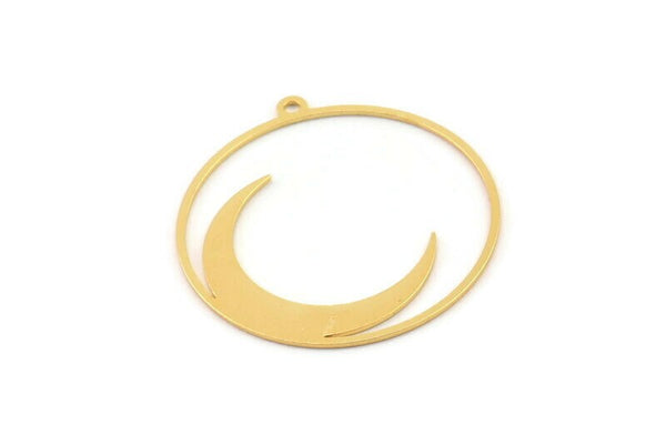 Gold Moon Charm, 2 Gold Plated Brass Round Shaped Charms With 1 Loop, Round Charms, Pendants, Findings (32x30x0.60mm) A6279