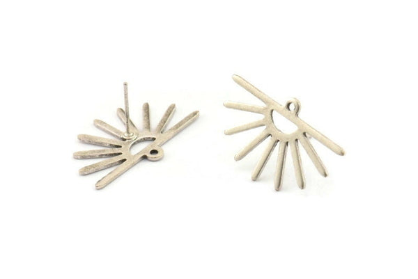 Silver Sun Earring, 6 Antique Silver Plated Brass Sun Stud Earrings With 1 Loop (25x16x0.70mm) M01392 A2394
