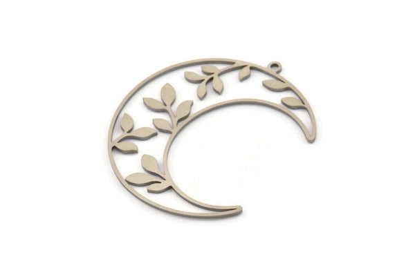 Steel Moon Charm, Stainless Steel Leaf Pattern Crescent Moon Charms With 1 Loop, Findings (39x13x0.80mm) SMP1264 A3041
