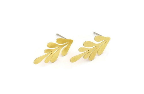 Brass Leaf Earring, 8 Raw Brass Branch Shaped Stud Earrings, Findings (22x9x0.60mm) A4303