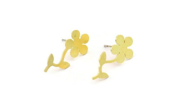 Brass Flower Earring, 8 Raw Brass Flower Shaped Stud Earrings (25x11x0.60mm) A3981