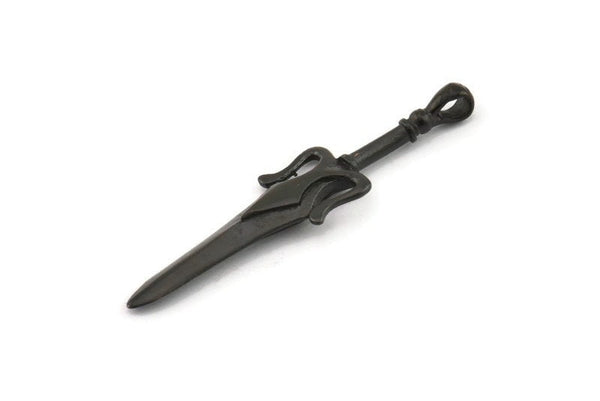 Knight&#39;s Sword Pendant, Oxidized Black Brass Sword Charm With 1 Loop, Findings (49mm) N0187 H1081