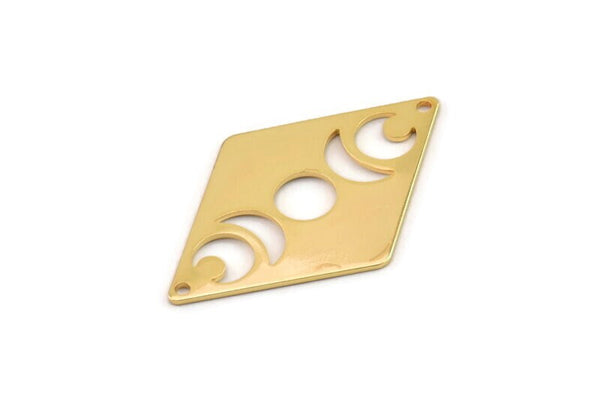 Gold Diamond Connector, 2 Gold Plated Brass Moon Phases Patterned Diamond Shaped Connectors With 2 Holes (40x26x0.80mm) M01666 H0925