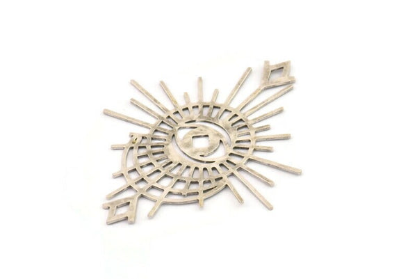 Silver Eye Charm, 2 Antique Silver Plated Brass Eye And Sun Shaped Charms With 2 Triangle Loops, Earring Charms (58x49x0.60mm) A3253