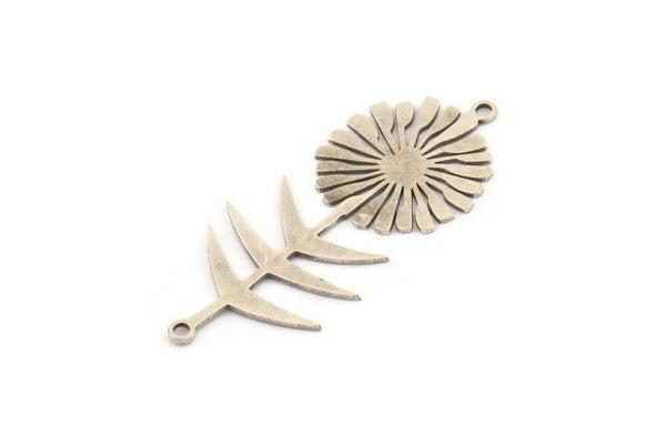 Silver Flower Charm, 4 Antique Silver Plated Brass Sunflower Shaped Charms With 2 Loops, Earring Charms, Connectors (42x19x0.60mm) A3282