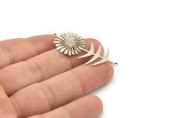 Silver Flower Charm, 4 Antique Silver Plated Brass Sunflower Shaped Charms With 2 Loops, Earring Charms, Connectors (42x19x0.60mm) A3282