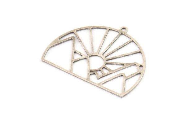 Silver Sun Charm, 4 Antique Silver Plated Brass Mountain Charms With 1 Loop, Charm Pendants (29x38x0.60mm) A5167