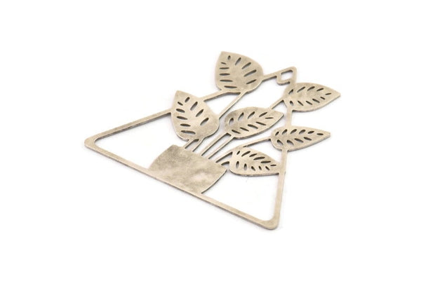 Silver Leaf Charm, Antique Silver Plated Brass Potted Plant Shaped Charms With 1 Hole, Flower Findings (42.5x48x0.60mm) A5068
