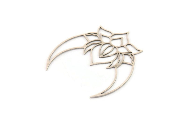 Silver Lotus Charm, 4 Antique Silver Plated Brass Lotus Flower And Crescent Moon Patterned Charms, Findings (39x38x0.60mm) A6736