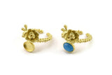 Brass Flower Ring, Raw Brass Adjustable Rings With 1 Stone Settings - Pad Size 6x8mm N2579