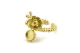 Brass Flower Ring, Raw Brass Adjustable Rings With 1 Stone Settings - Pad Size 6mm N2539