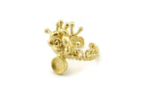 Brass Flower Ring, Raw Brass Adjustable Rings With 1 Stone Settings - Pad Size 6mm N2540