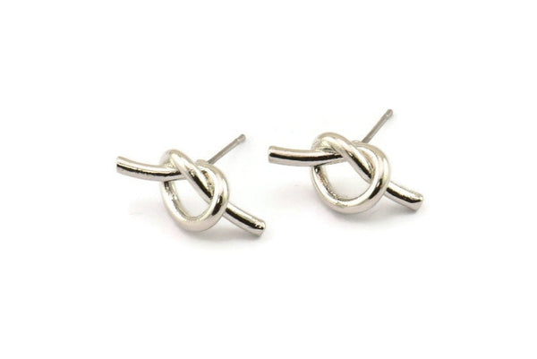 Silver Knot Earring, 2 Silver Tone Brass Knot Stud Earrings (19x8mm) D1309