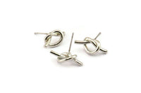 Silver Knot Earring, 2 Silver Tone Brass Knot Stud Earrings (19x8mm) D1309