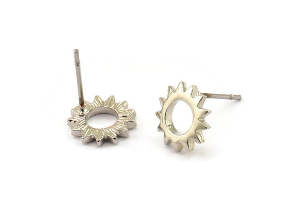 Silver Sun Earring, 6 Silver Tone Brass Sun Stud Earrings (10x1.2mm) N1216