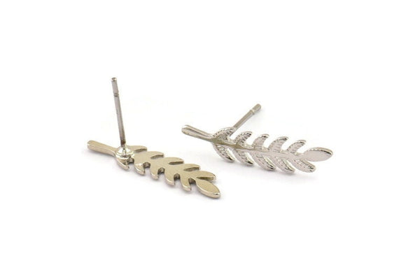 Silver Leaf Earring, 6 Silver Tone Brass Branch Stud Earrings, Findings (20x5x0.80mm) D1154 A1224 Q0976