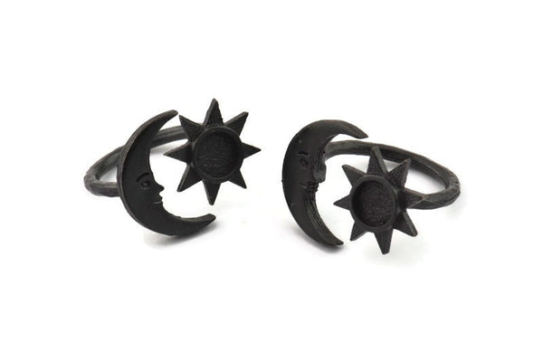 Black Ring Settings, Oxidized Black Brass Moon And Sun Ring With 1 Stone Setting - Pad Size 6mm N1498 H0918